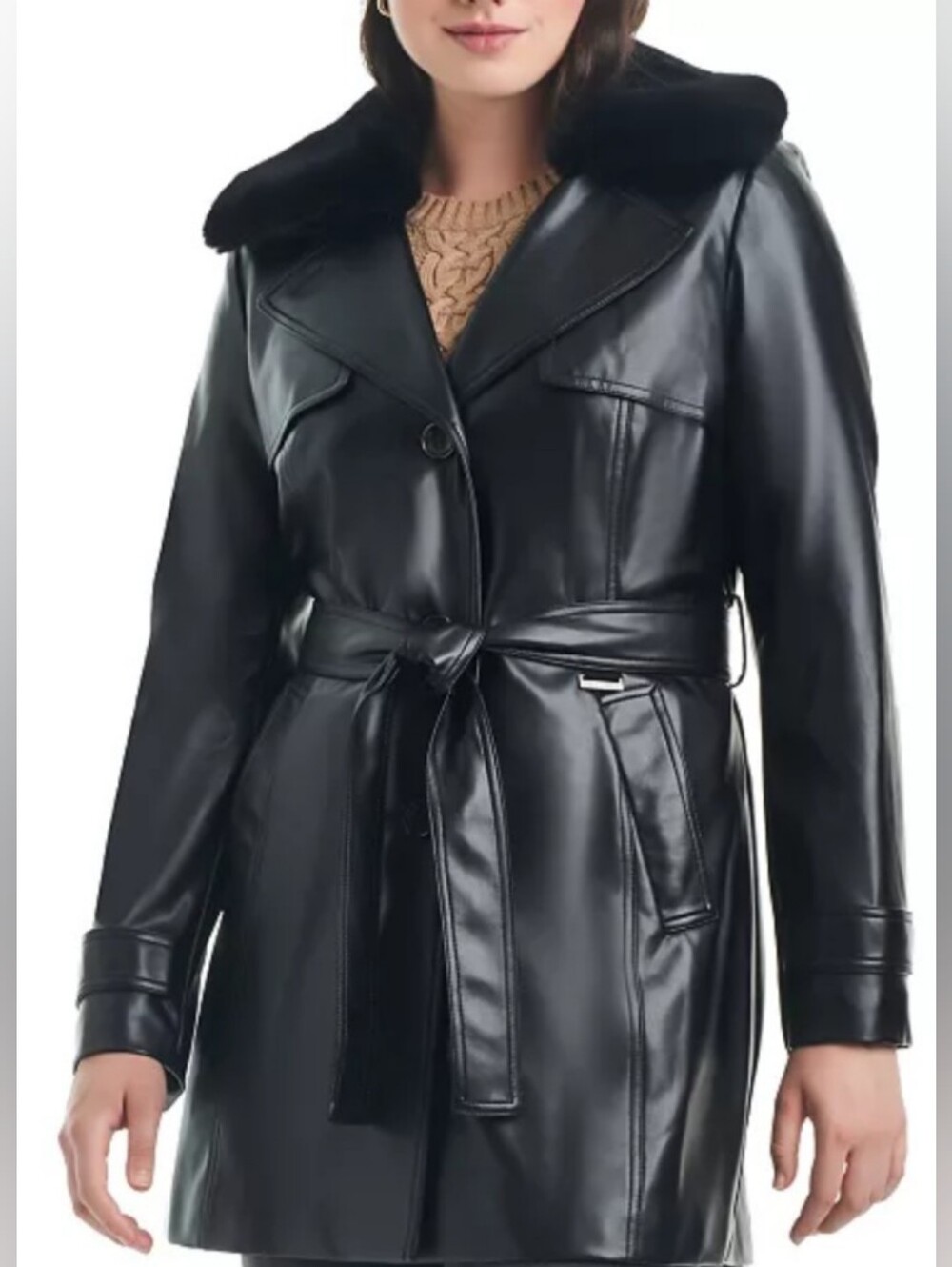 Vince Camuto Mid Length Faux Leather Belted Trench Coat Black Size Large